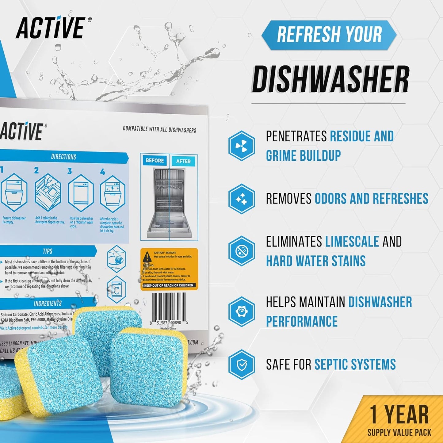 ACTIVE Dishwasher Cleaner And Deodorizer Tablets - 24 Pack Deep Cleaning Descaler Pods for Dish Washer Machine, Heavy Duty, Septic Safe, Natural Limescale Remover