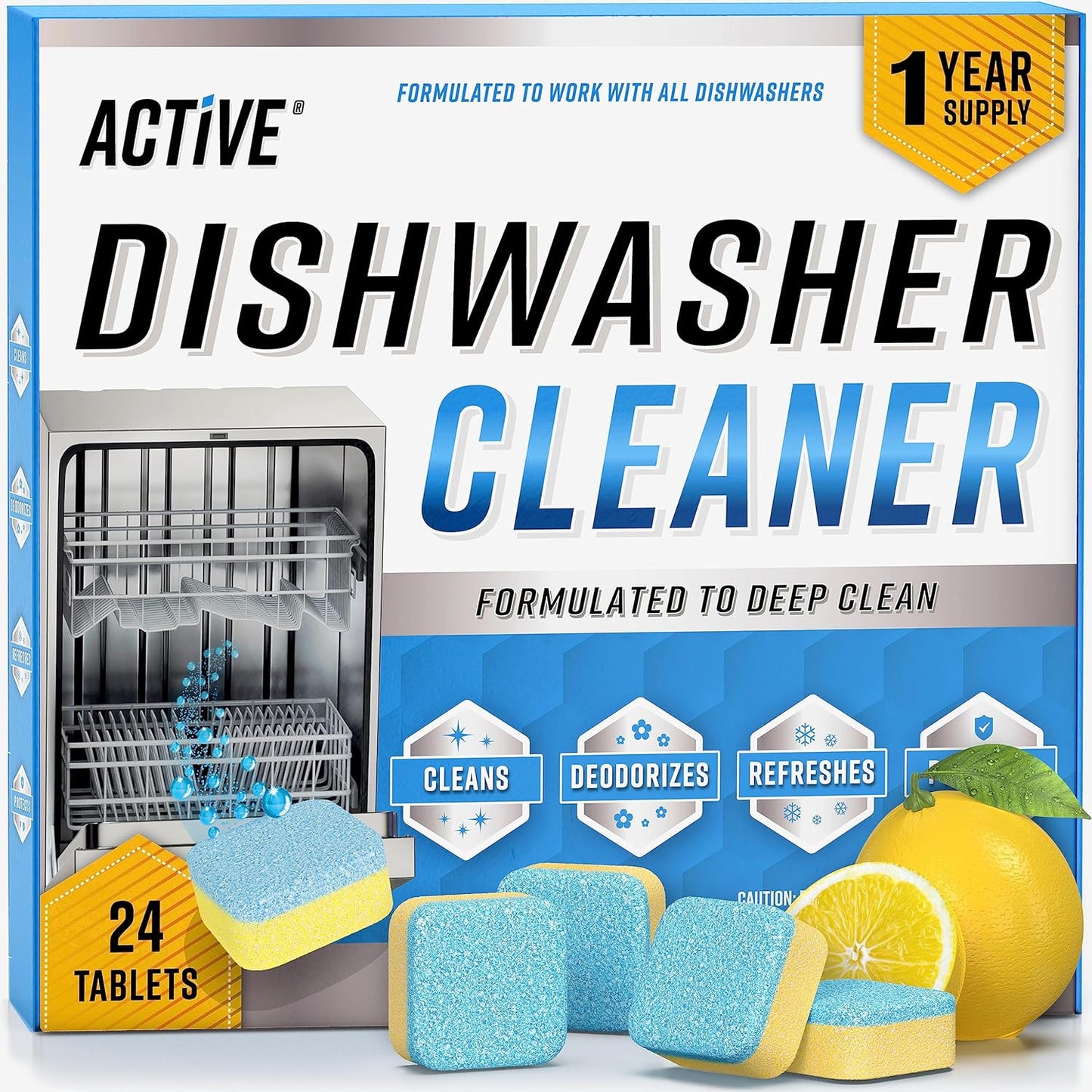 ACTIVE Dishwasher Cleaner And Deodorizer Tablets - 24 Pack Deep Cleaning Descaler Pods for Dish Washer Machine, Heavy Duty, Septic Safe, Natural Limescale Remover
