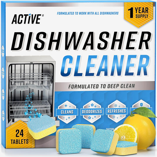ACTIVE Dishwasher Cleaner And Deodorizer Tablets - 24 Pack Deep Cleaning Descaler Pods for Dish Washer Machine, Heavy Duty, Septic Safe, Natural Limescale Remover